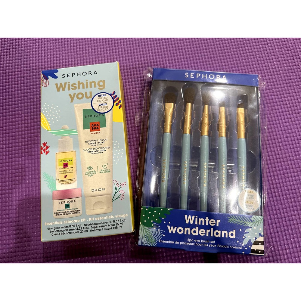 New $109 Sephora Bundle 5 pc Eye Brush & Wishing You skincare kit Serum New Set